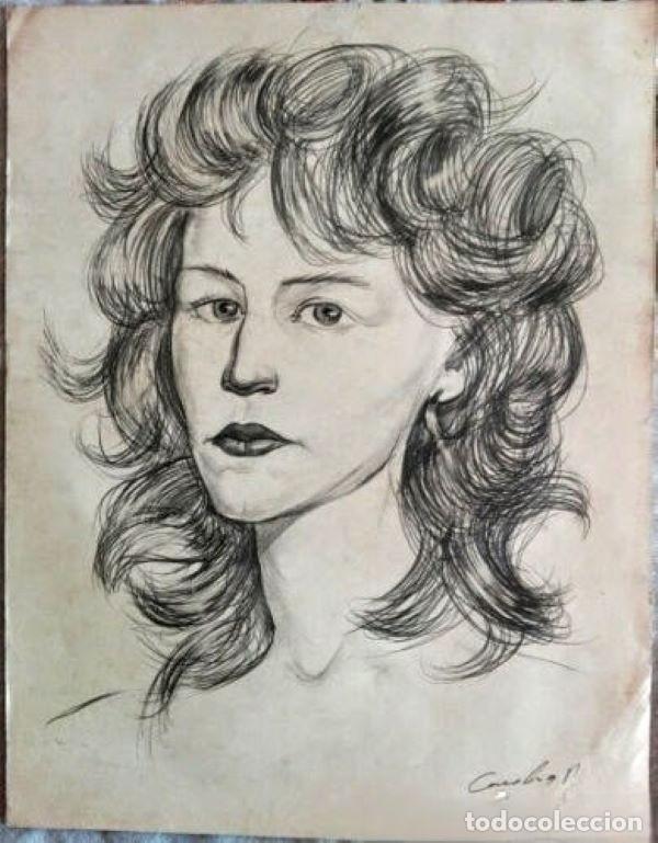 Art: Dibujo vintage a l&aacute;piz &ndash; Retrato firmado &ndash; Europa, 1975 &ndash; 35&times;45 cm