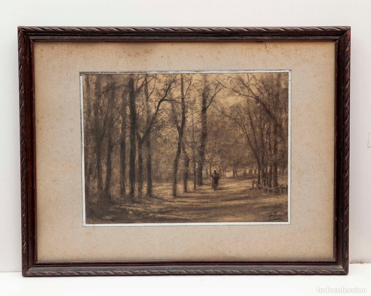 Arte: F&Eacute;LIX URGELL&Eacute;S DE TOVAR (atr.) &ndash; Dibujo al carb&oacute;n firmado &ndash; Paisaje arbolado con figura.