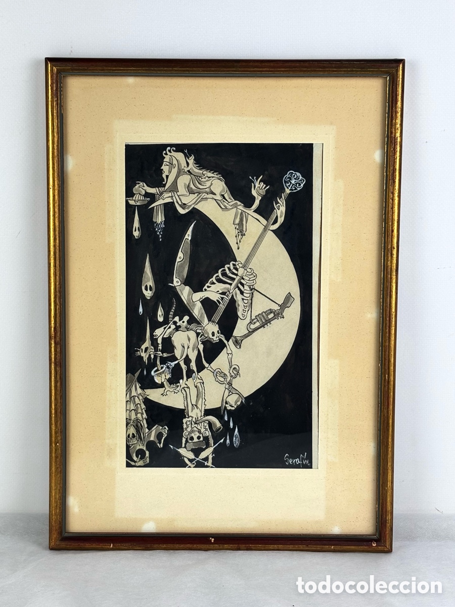 Arte: SERAFIN ROJO CAAMA&Ntilde;O (Madrid, 1925 - 2003) DIBUJO A TINTA Y CLARI&Oacute;N