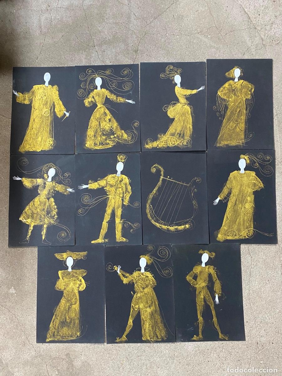 Arte: 11 bocetos cartulina teatro obras vestuario personajes dorado clarion pintados mitad s XX 29x21cms