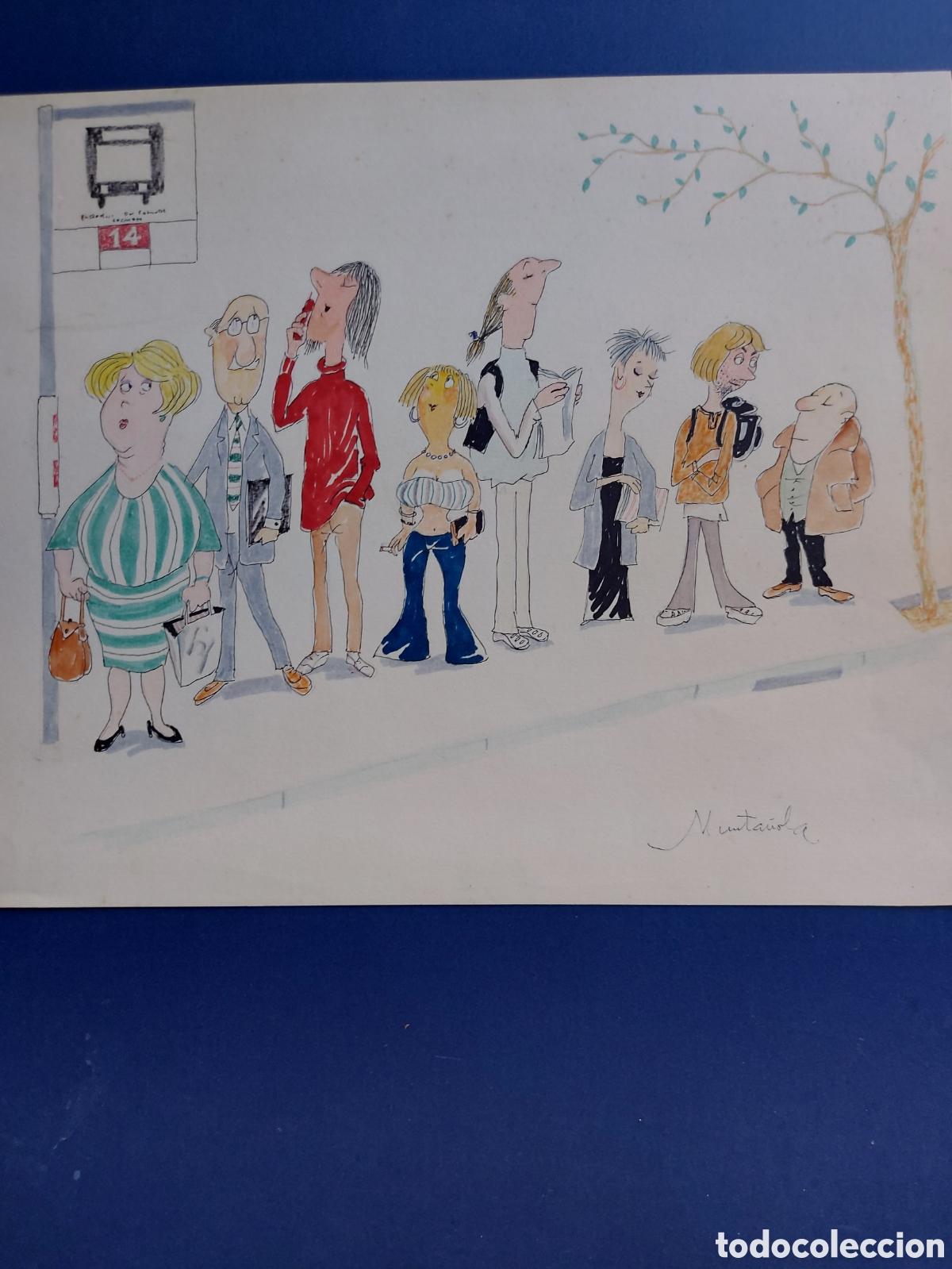 Arte: MUNTA&Ntilde;OLA &rdquo;PERSONAJES ESPERANDO EL BUS 14&rdquo; COMIC ORIGINAL