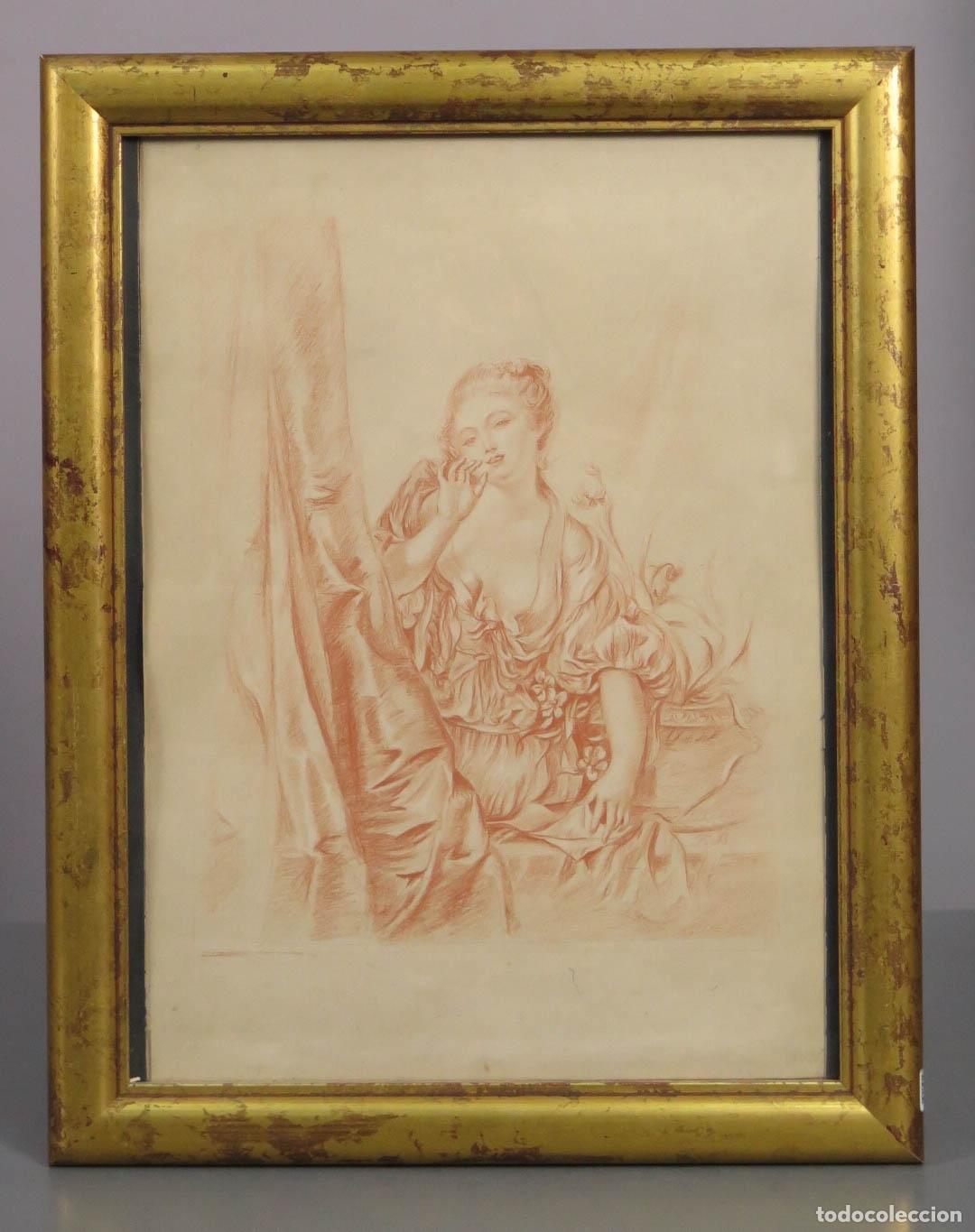 Arte: MUJER EN INTERIOR. ROCOCO. SIGUIENDO MODELOS DE BOUCHER. SANGUINA S/ PAPEL. FIRMADO. HACIA 1900