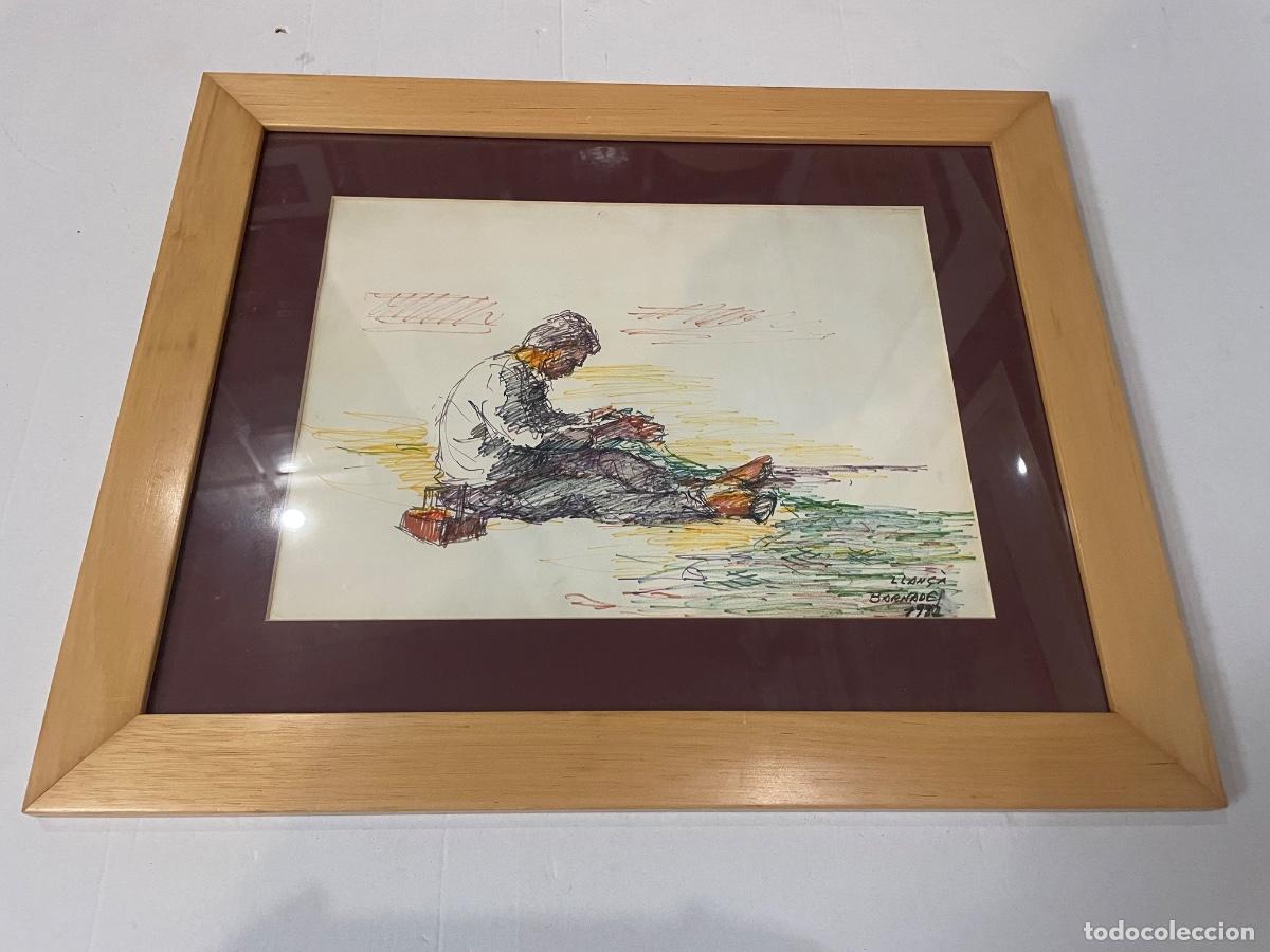 Arte: LLAN&Ccedil;&Aacute; - DIBUJO A TINTA SOBRE PAPEL , PESCADOR FIRMADO BARNADES LLAN&Ccedil;&Aacute; 1987 ENMARCADO