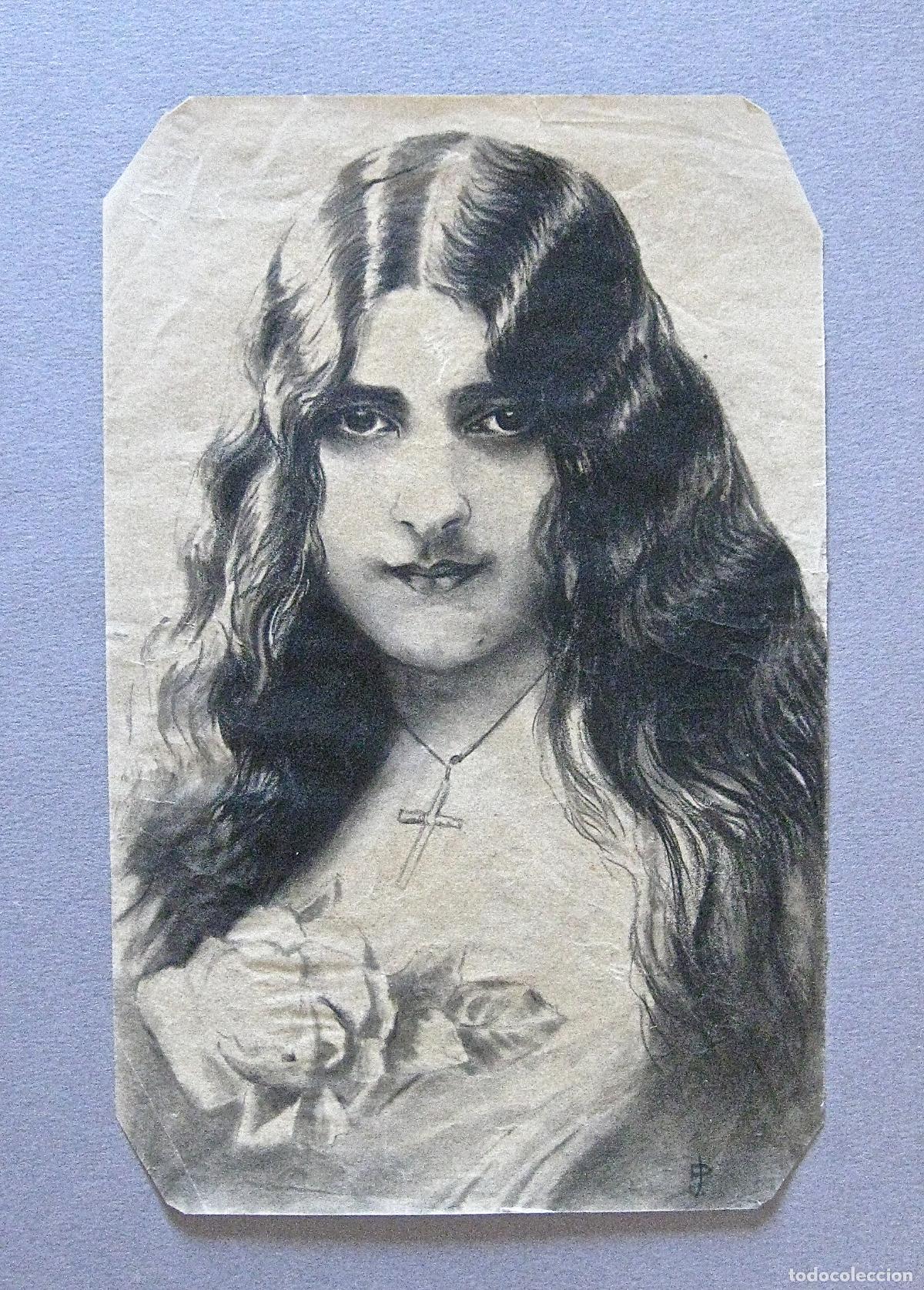 Arte: C. 1920&ndash;25 * JOVEN DAMA CON CRUCIFIJO Y ROSA * FIRMADO ANAGRAMA J.P * JOAQUIN PALLARES &iquest;?