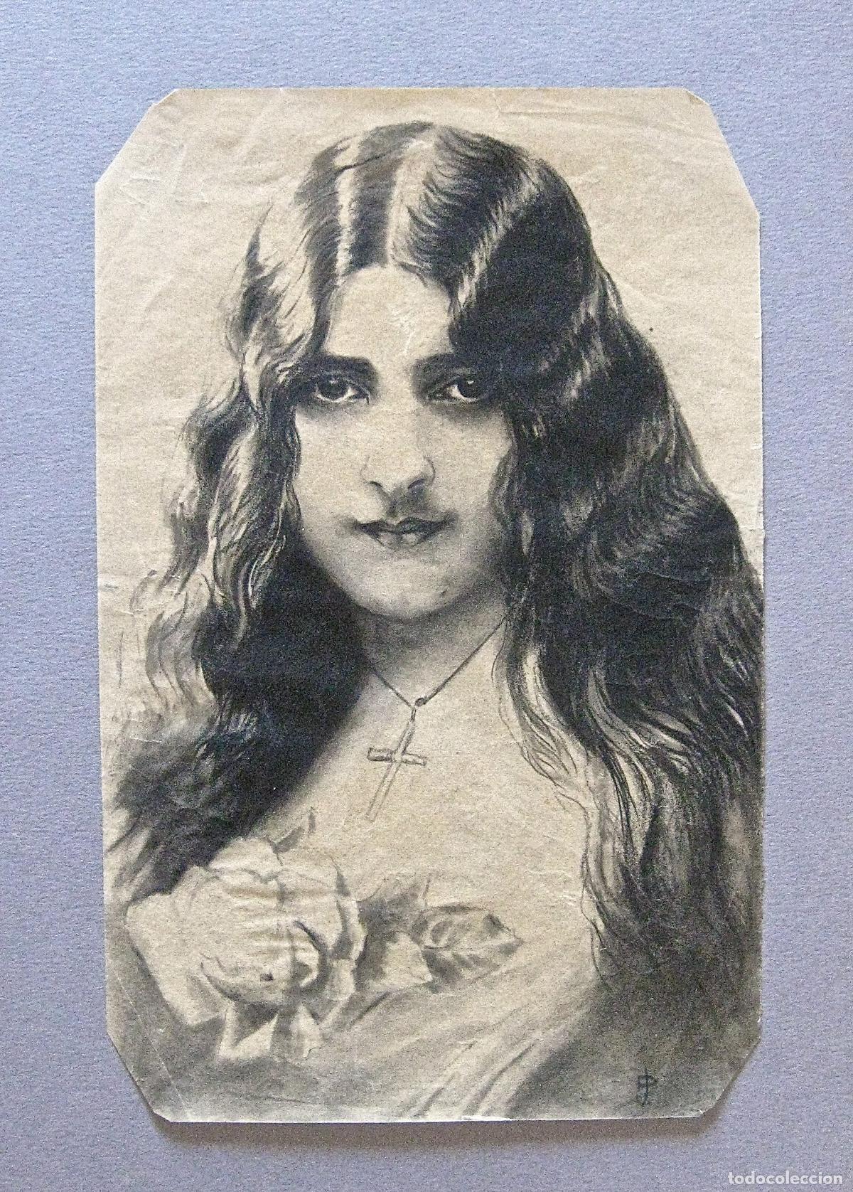 Arte: C. 1920&ndash;25 * JOVEN DAMA CON CRUCIFIJO Y ROSA * FIRMADO ANAGRAMA J.P * JOAQUIN PALLARES &iquest;?