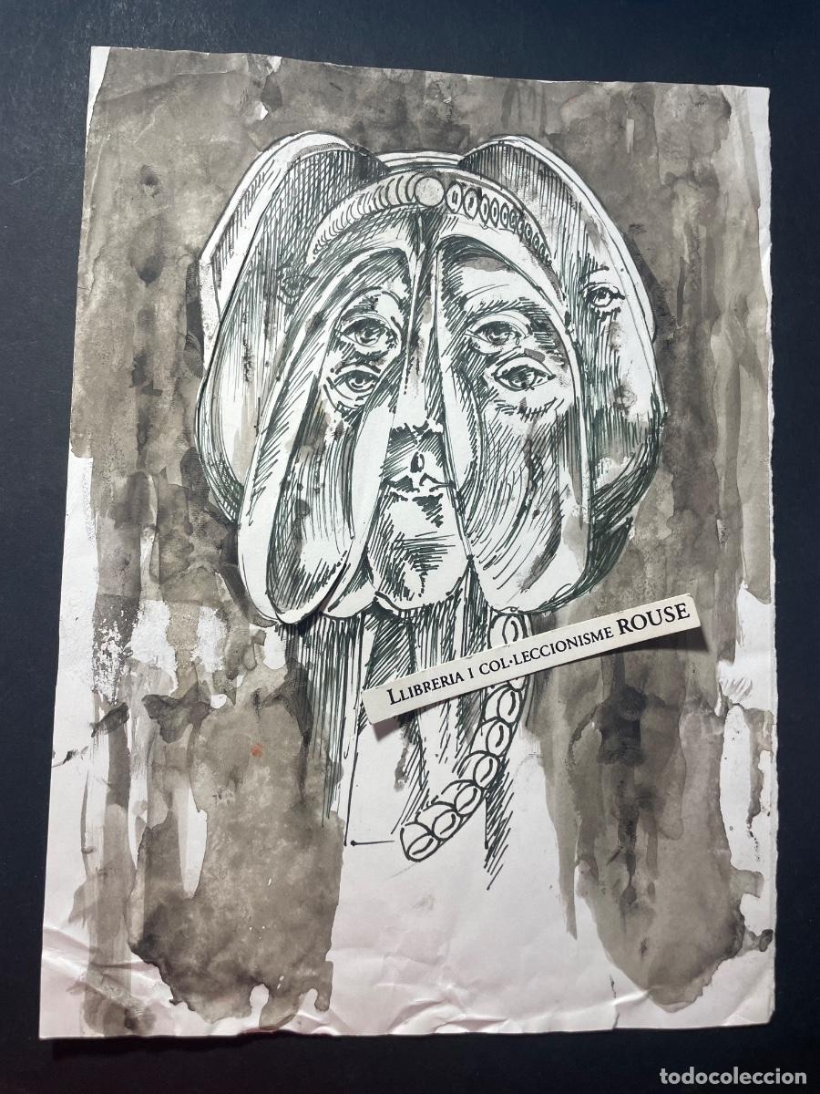 Arte: LUIS RODRIGUEZ - DIBUJO MOVIL A TINTA Y AGUADA CARA IMAGINARIA MONTADO SOBRE CARTULINA