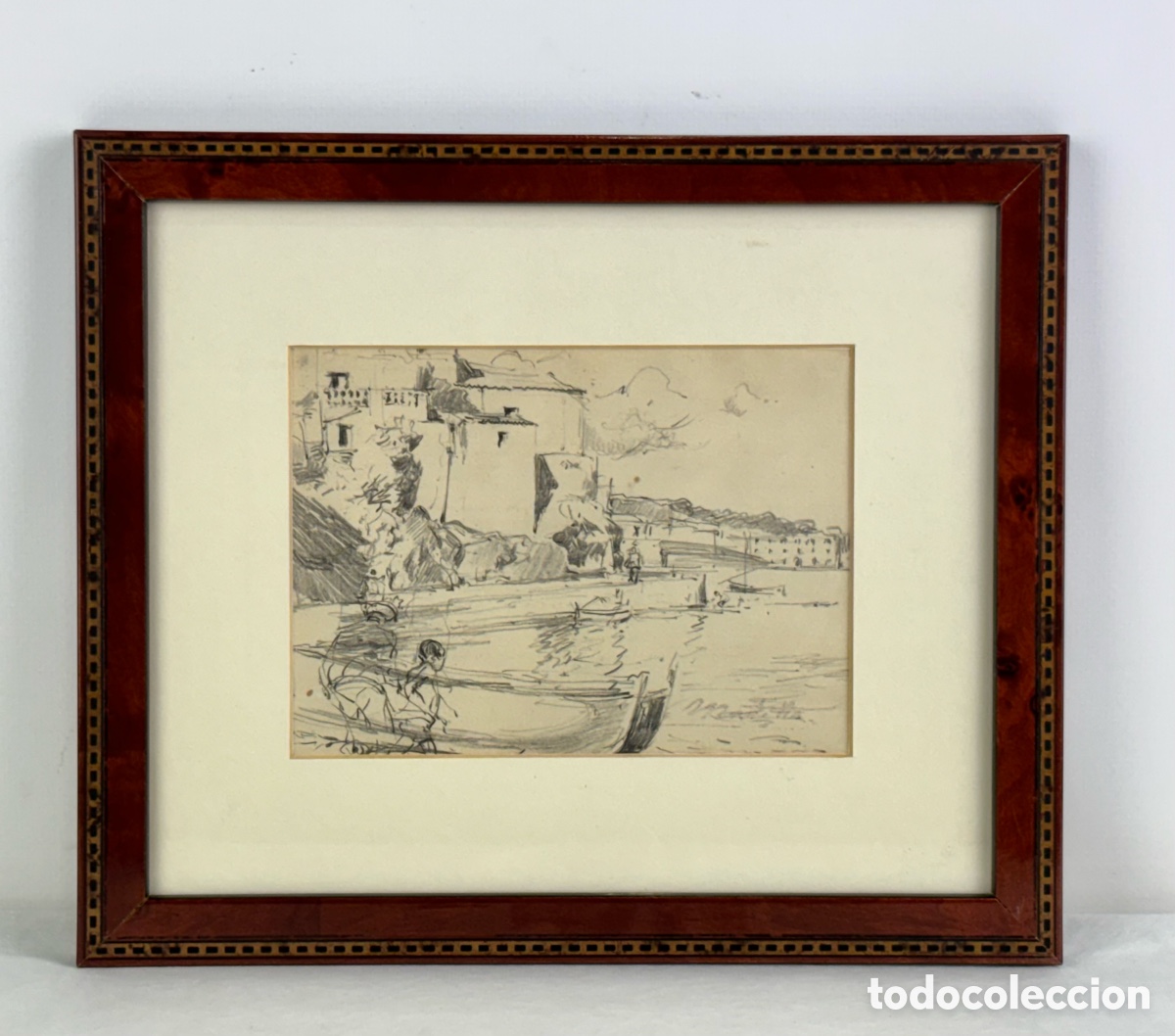 Arte: SEGUNDO MATILLA (MADRID, 1862 - TEY&Aacute;, 1937) - PUEBLO COSTERO - DIBUJO A LAPIZ
