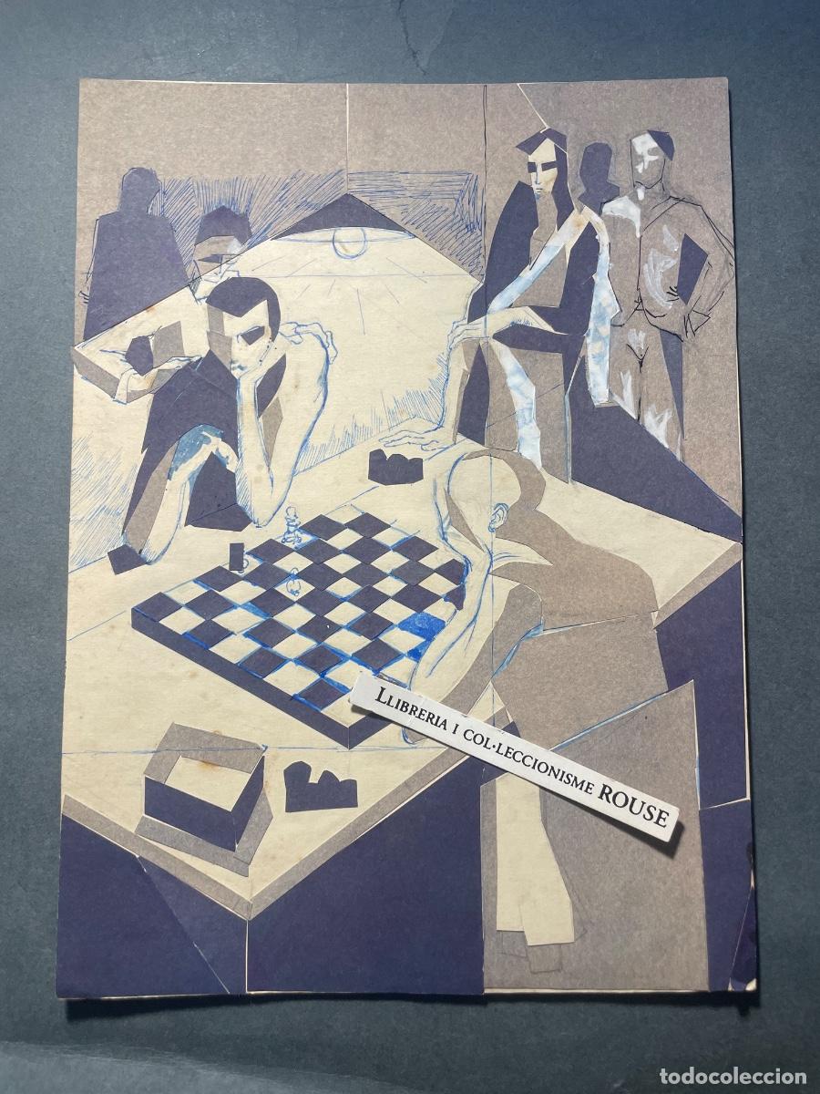 Arte: ANTIGUO DIBUJO A TINTA Y COLLAGE DIFERENTES PAPAPELES - JUGADORES DE AJEDREZ A&Ntilde;OS 50/60