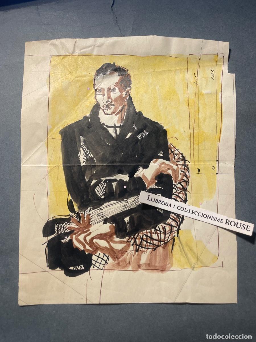 Arte: LUIS RODRIGUEZ -ANTIGUO DIBUJO TECNICA MIXTA A TINTA Y ACURELA PERSONAJE SENTADO A&Ntilde;OS 50 - 20X16 CM.