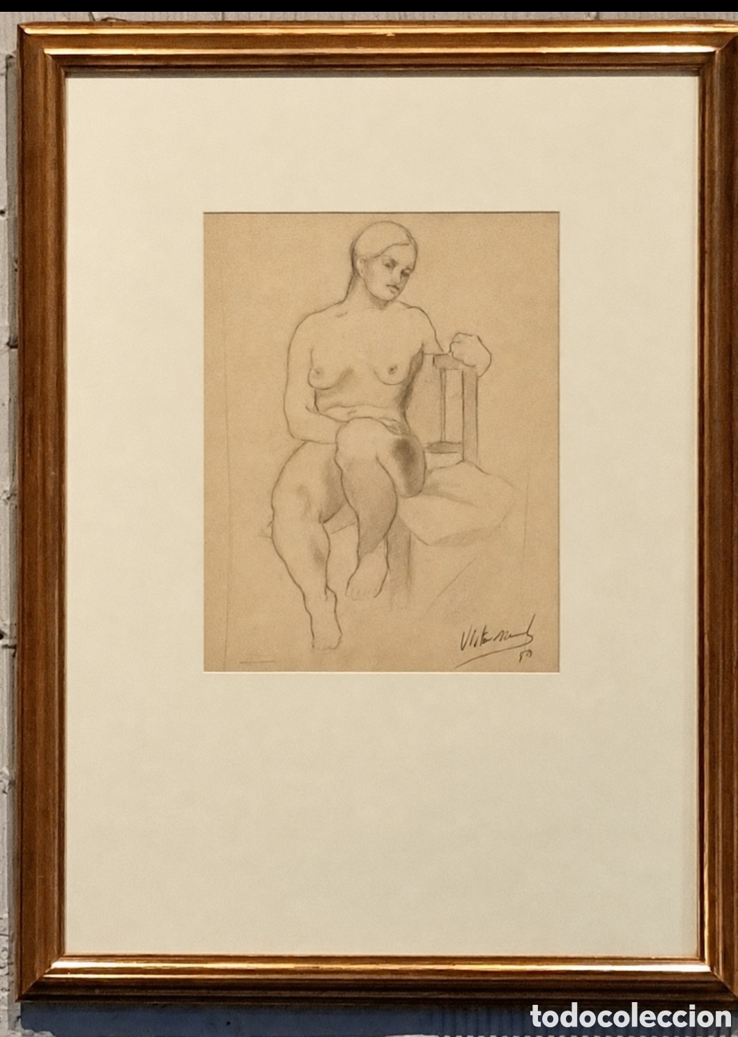 Arte: VICTOR MANUEL GIMENO BAQUERO (ALFAHUIR,VALENCIA,1920-+ ?) &rdquo;DESNUDO SENTADO&rdquo; 29 x 20&acute;(1950)