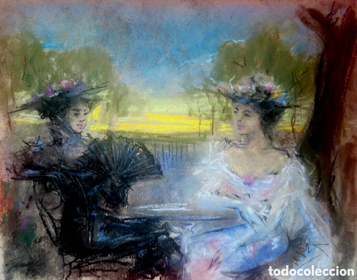 Arte: Jos&eacute; Guevara (M&aacute;laga 1930-2017) precioso dibujo rom&aacute;ntico a pastel firmado.