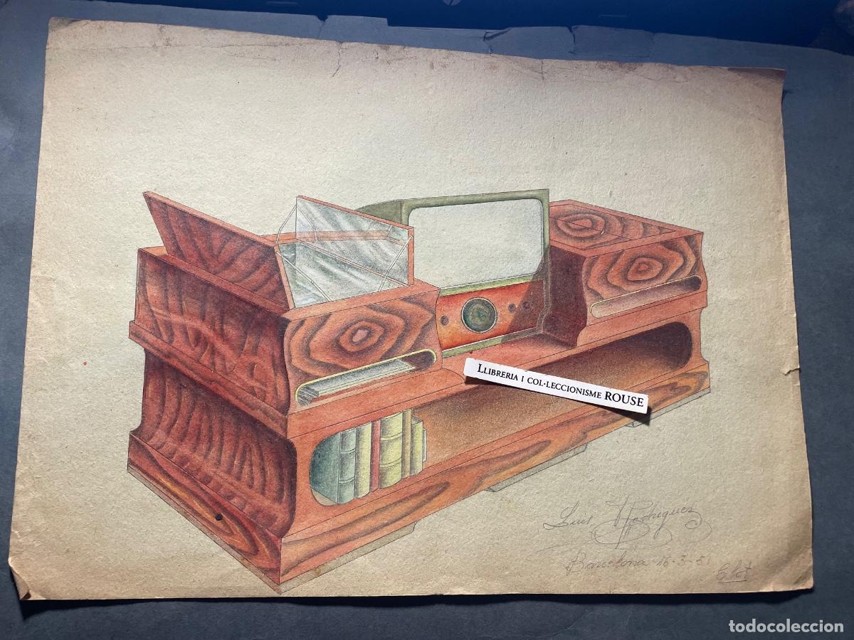 Arte: DISE&Ntilde;O - ANTIGUO DIBUJO ORIGINAL A TINTA Y ACURELA MUEBLE-BAR / RADIO ART-DEC&Oacute; FIRMADO LUIS RODRI