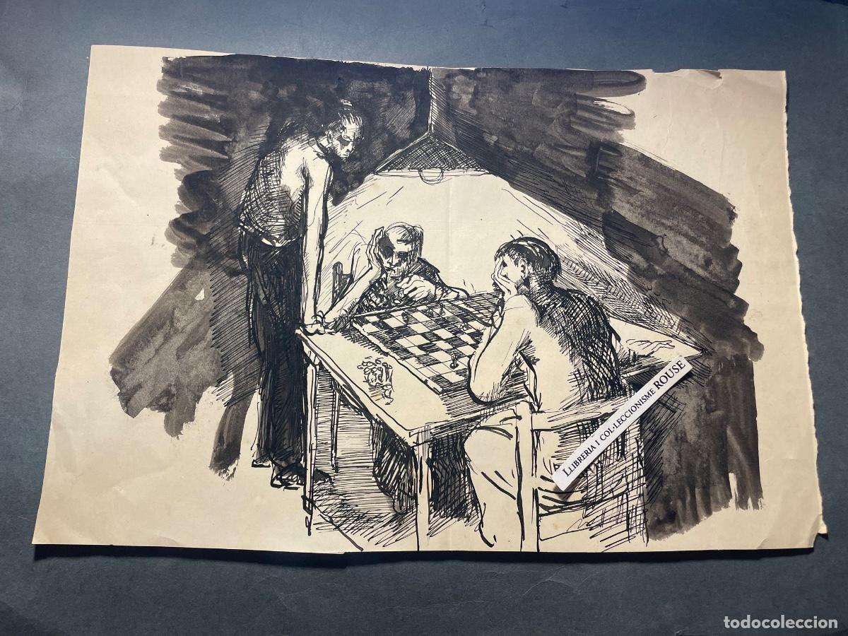 Arte: AJEDREZ - ANTIGUO DIBUJO ORIGINAL A TINTA A&Ntilde;OS 50/60 - JUGADORES DE AJEDREZ - AUTOR DESCONOCIDO