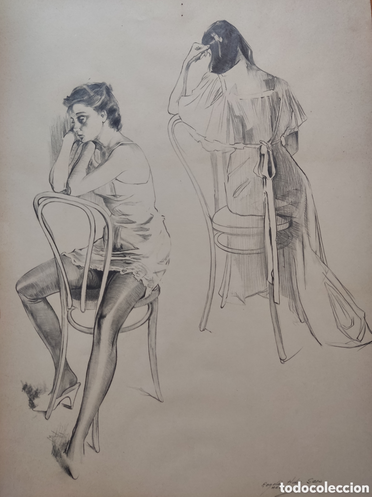 Arte: Excelente dibujo a l&aacute;piz sobre papel. Figuras femeninas.