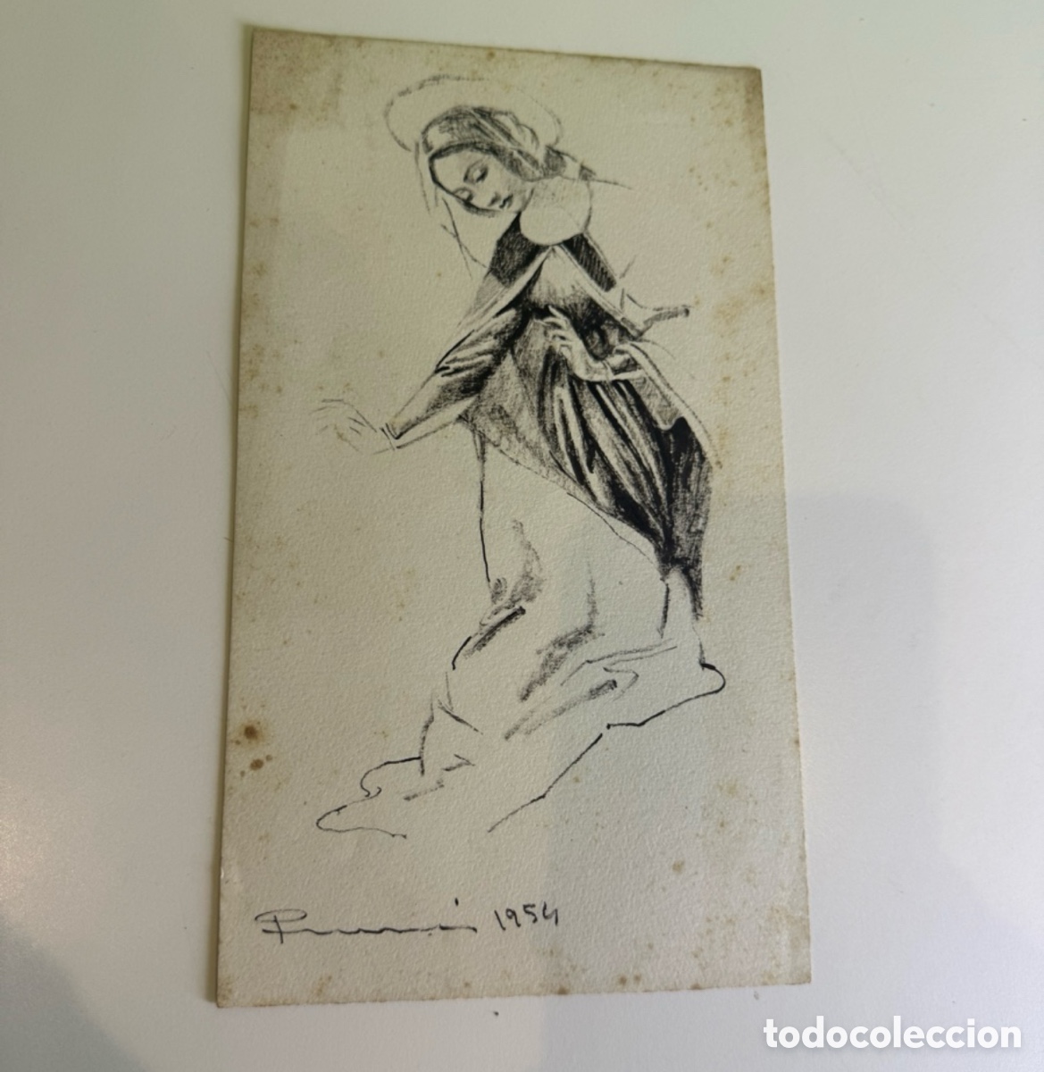 Arte: Carles Prun&eacute;s (1937-2017) &ndash; Dibujo original Virgen. Firmado y fechado 1954.