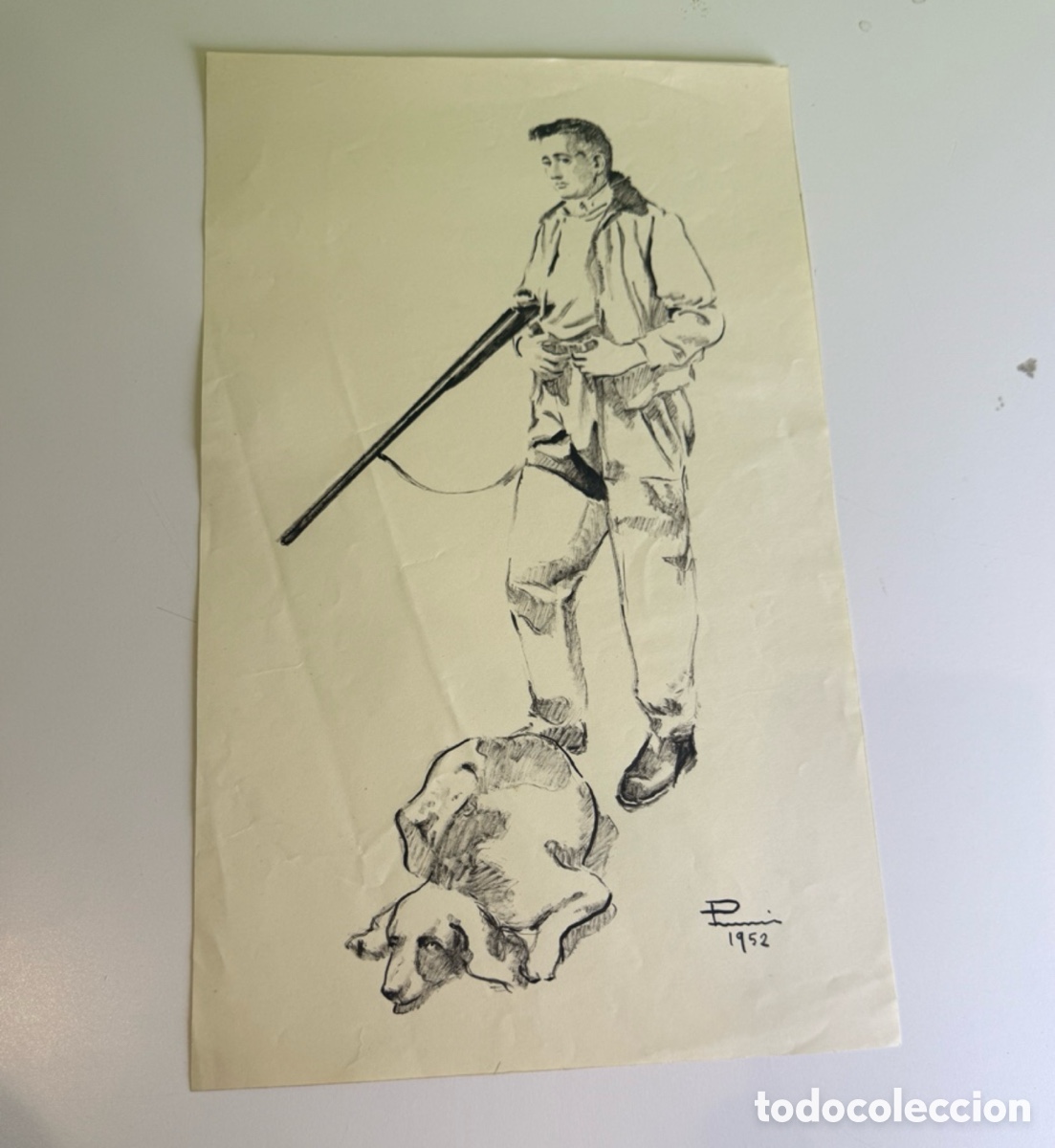 Arte: Carles Prun&eacute;s (1937-2017) &ndash; Dibujo original cazador con perro. Firmado y fechado 1952.