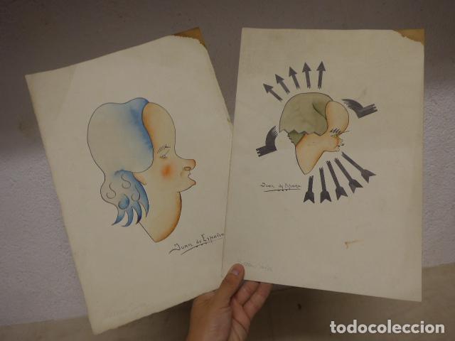 Arte: Lote 2 antiguos dibujos originales firmados Juan de Espa&ntilde;a, Serrano su&ntilde;er, Falange, guerra civil