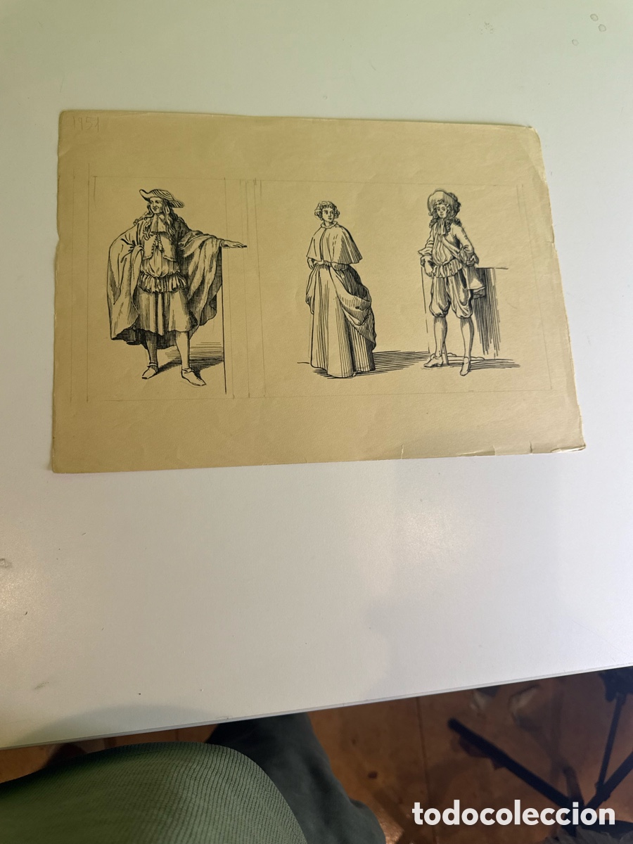 Arte: Carles Prun&eacute;s (Barcelona, 1937-2017) Dibujo original 1951 estudio de personajes de &eacute;poca SXVII tinta