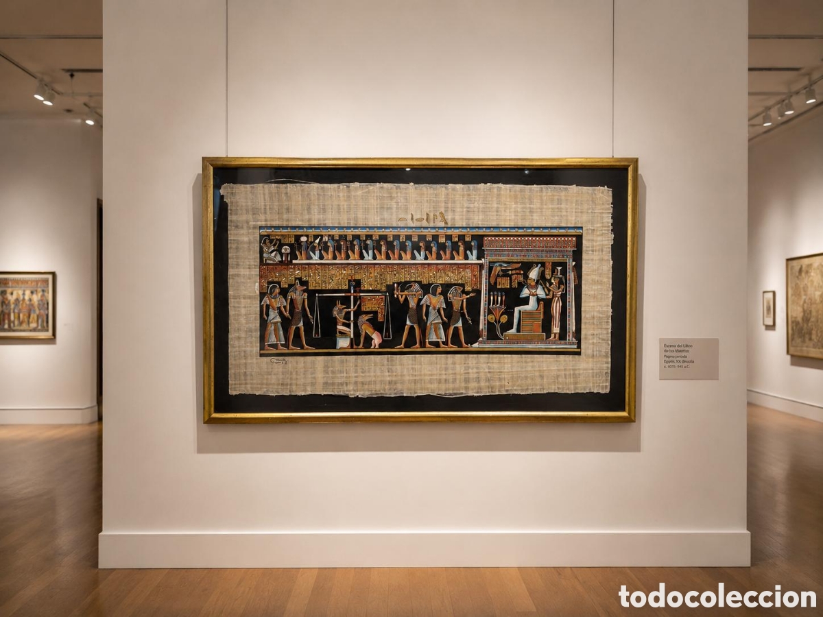 Arte: Gran papiro egipcio contempor&aacute;neo pintado a mano: Escena m&iacute;stica del Juicio de Osiris