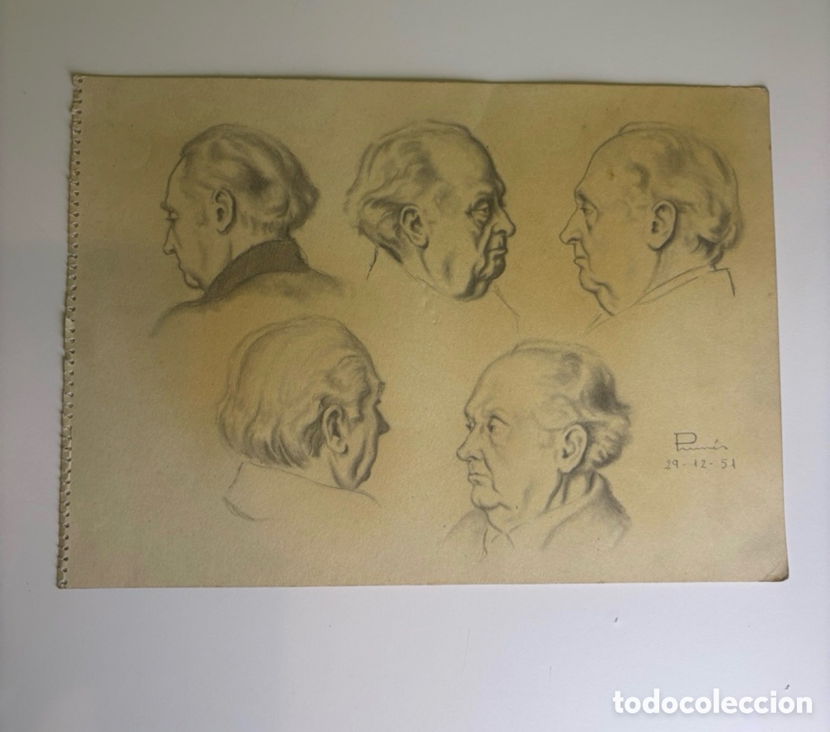 Kunst: Carles Prun&eacute;s (1937-2017) &ndash; dibujo de retrato masculino. Cinco vistas. Firmado y fechado 1951.