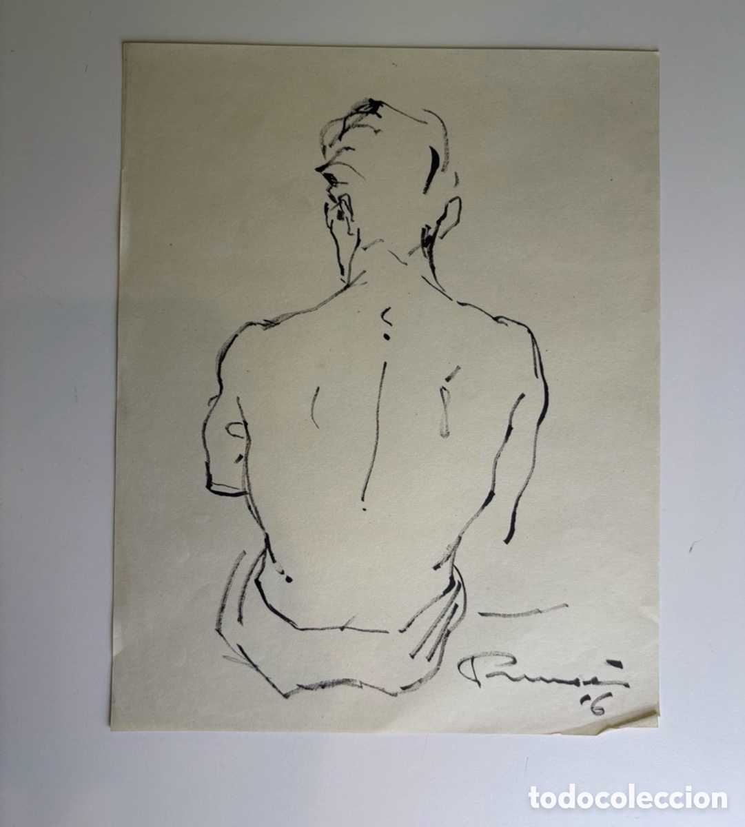 Arte: Carles Prun&eacute;s (1937-2017) &ndash; Estudio original de desnudo masculino de espaldas firmado y fechado 1956