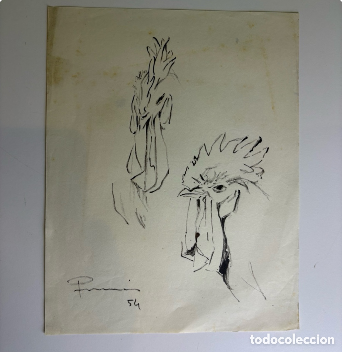 Arte: Carles Prun&eacute;s (1937-2017) &ndash; dibujo original de gallos firmado y fechado 1954