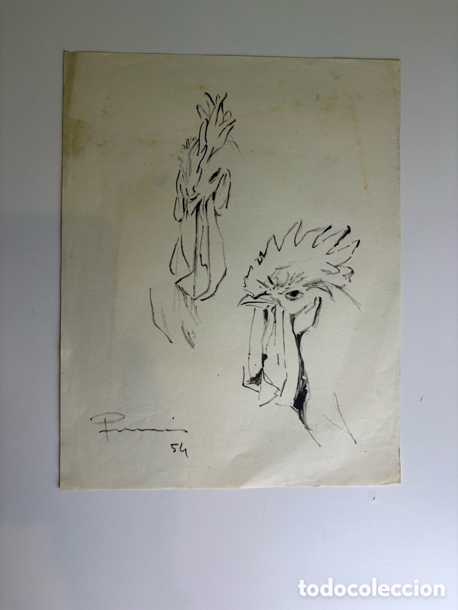 Arte: Carles Prun&eacute;s (1937-2017) &ndash; Estudio original de gallos firmado y fechado 1954