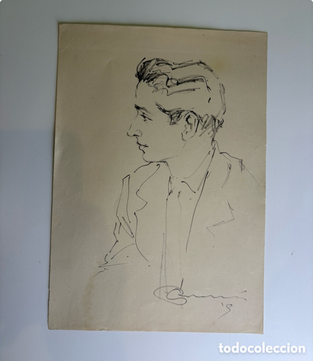 Arte: Carles Prun&eacute;s (1937-2017) dibujo original retrato masculino de perfil firmado y fechado 1953