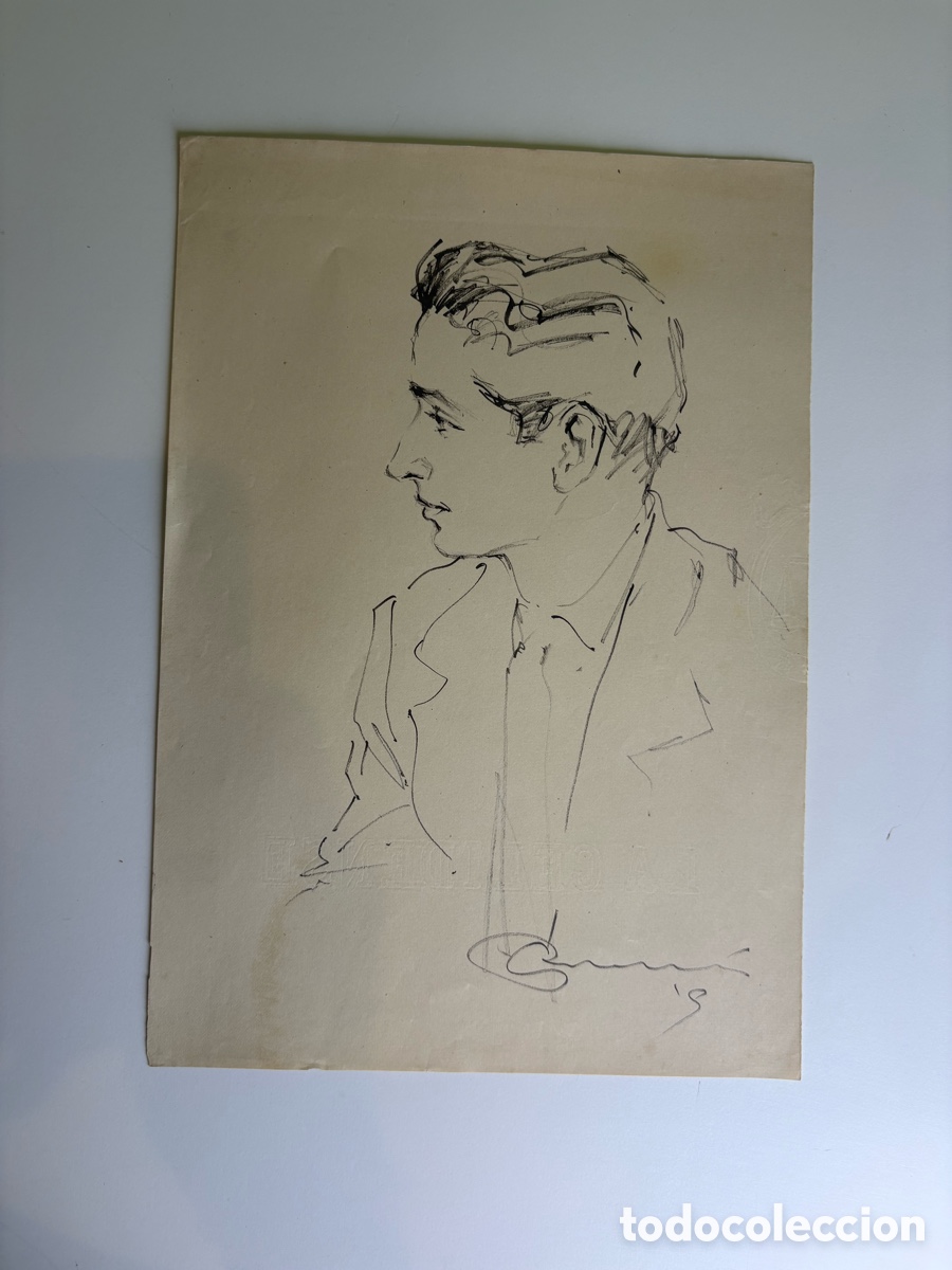 Arte: Carles Prun&eacute;s (1937-2017) dibujo original retrato masculino de perfil firmado y fechado 1953