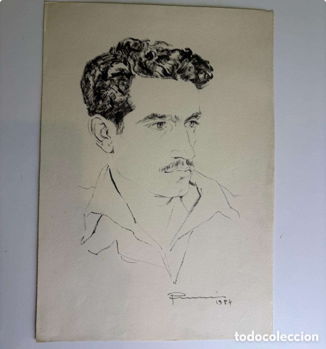 Arte: Carles Prun&eacute;s (1937-2017) Dibujo original firmado 1954 Retrato masculino