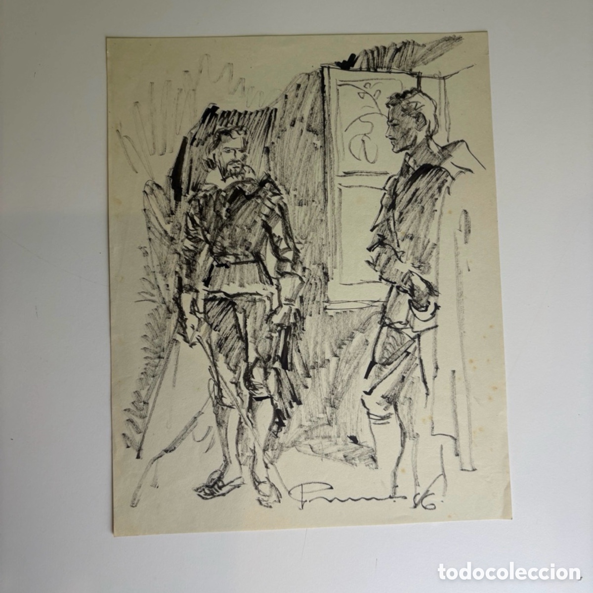 Arte: Carles Prun&eacute;s (1937-2017) Dibujo original firmado 1956 Escena de &eacute;poca