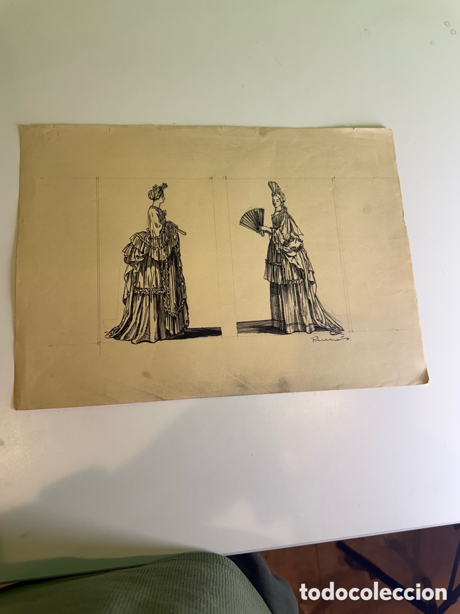 Arte: Carles Prun&eacute;s 1937 -2017.Dibujo original de dos damas de &eacute;poca firmado