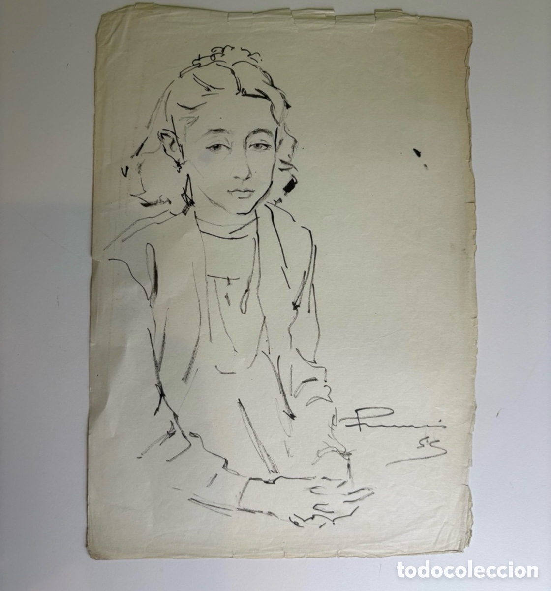 Arte: Carles Prun&eacute;s (1937-2017) Dibujo original firmado 1955 Retrato juvenil