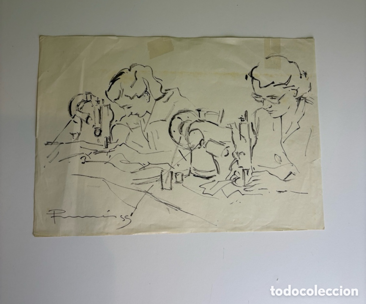 Arte: Carles Prun&eacute;s (1937-2017) Dibujo original firmado 1955 Costureras