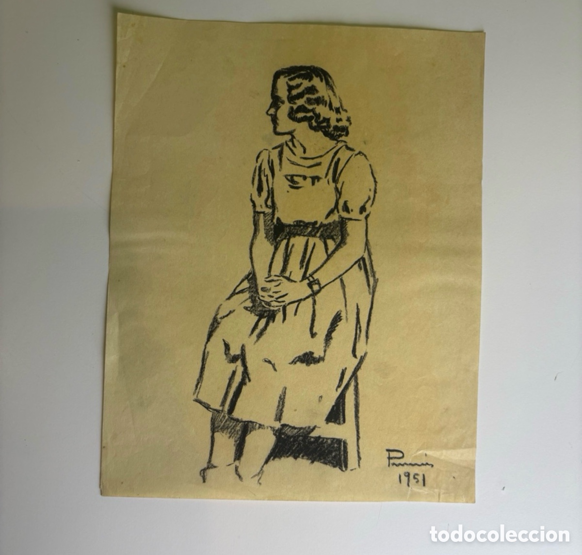 Arte: Carles Prun&eacute;s (1937-2017) Dibujo original firmado 1951 Muchacha sentada