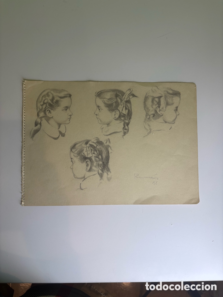 Arte: Carles Prun&eacute;s (1937-2017) Dibujo original firmado 1952 Estudios de ni&ntilde;as