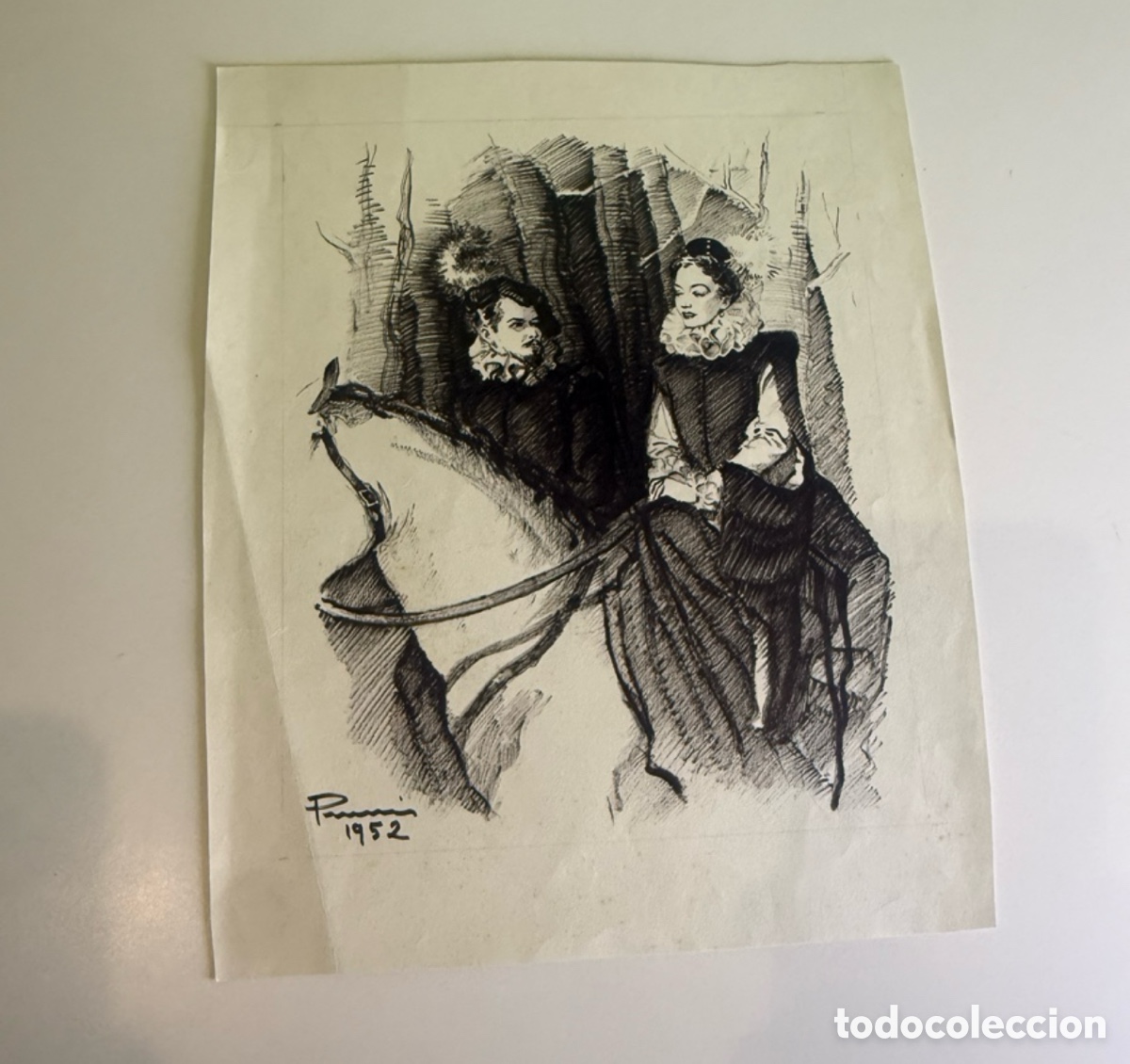 Arte: Carles Prun&eacute;s (1937-2017) Barcelona &ndash; Dibujo original firmado de escena cortesana a caballo &ndash; 1952