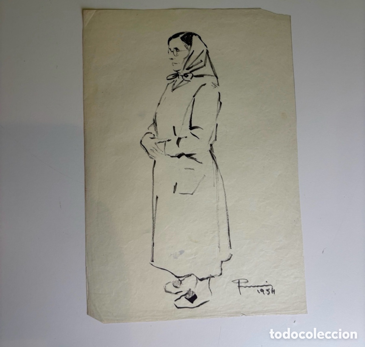 Arte: Carles Prun&eacute;s (1937-2017) Dibujo original firmado 1954 Mujer con pa&ntilde;uelo