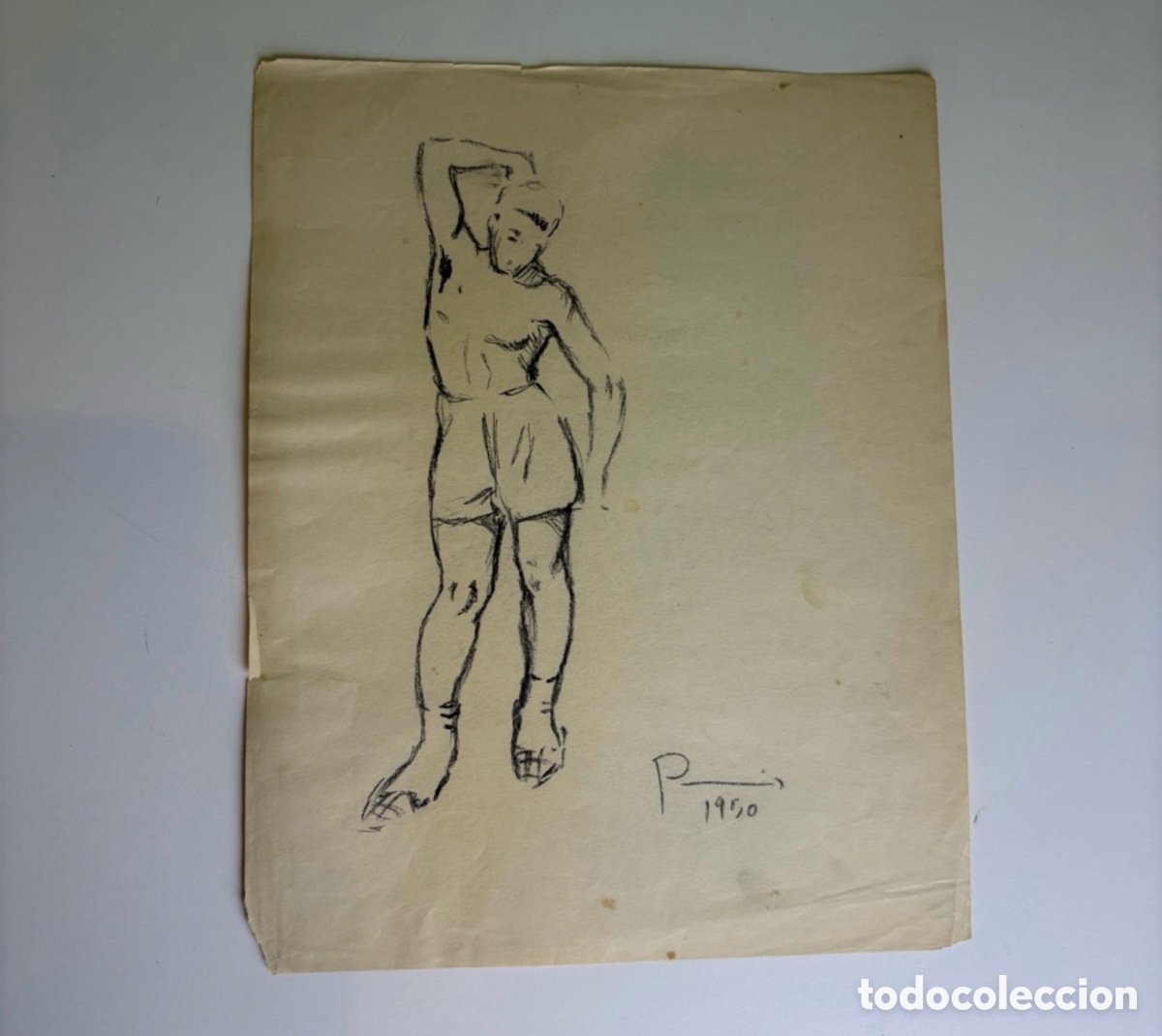 Arte: Carles Prun&eacute;s (1937-2017) Dibujo original firmado 1950 Estudio de desnudo masculino