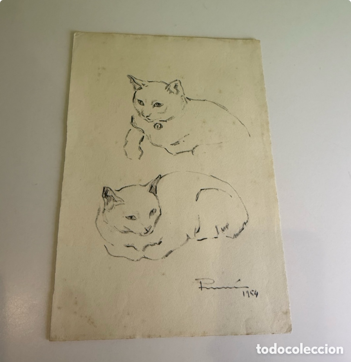 Arte: Carles Prun&eacute;s (1937-2017) Barcelona &ndash; Dibujo original de dos gatos &ndash; Firmado y fechado 1954