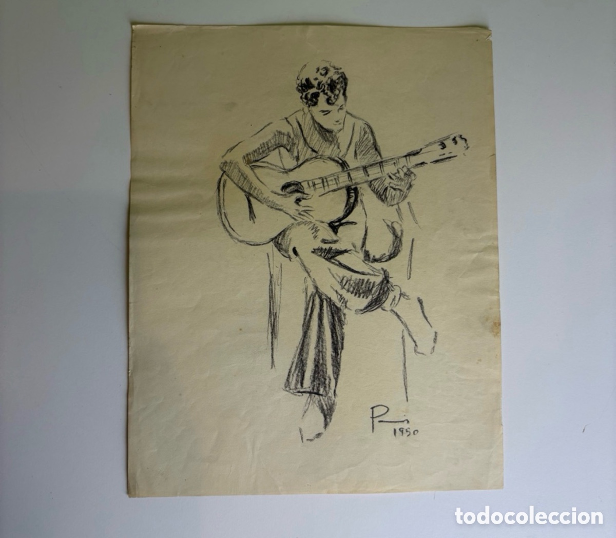 Arte: Carles Prun&eacute;s (1937-2017) Dibujo original firmado 1950 Joven tocando la guitarra