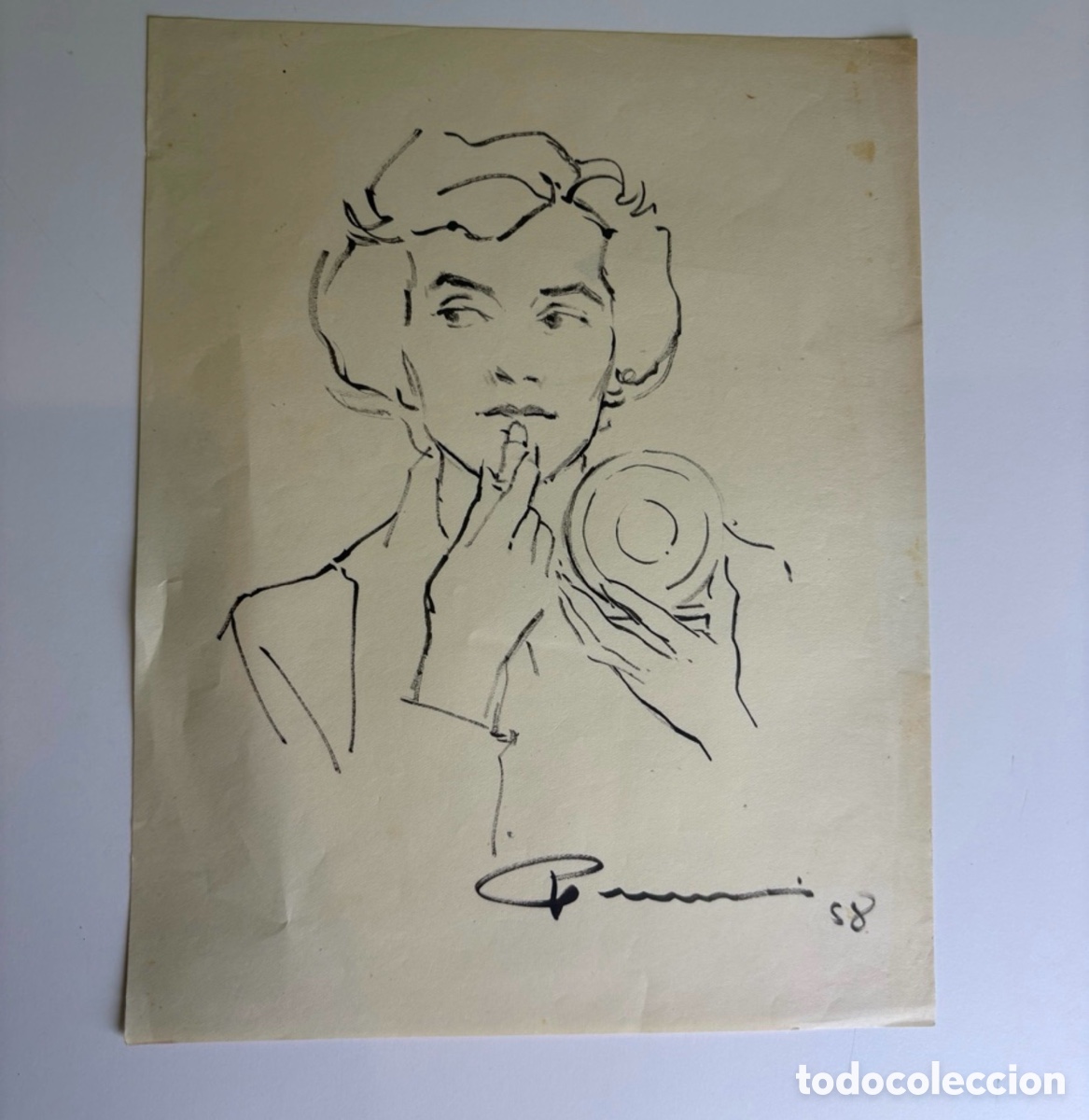 Arte: Carles Prun&eacute;s (1937-2017) Dibujo original firmado 1958 Mujer maquill&aacute;ndose con espejo