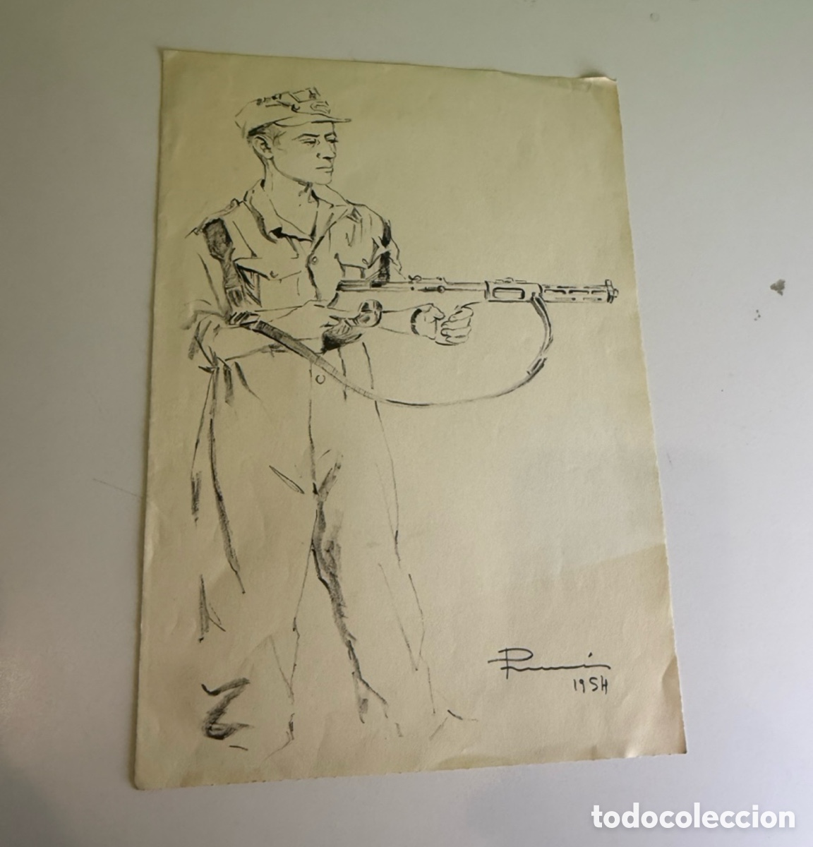 Arte: Carles Prun&eacute;s (1937-2017) Barcelona &ndash; Posible autorretrato durante la mili &ndash; Dibujo original firmado