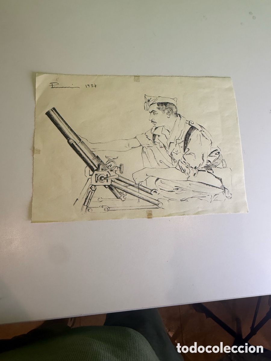 Arte: Carles Prun&eacute;s (1937-2017) Dibujo original firmado 1954 Artillero militar