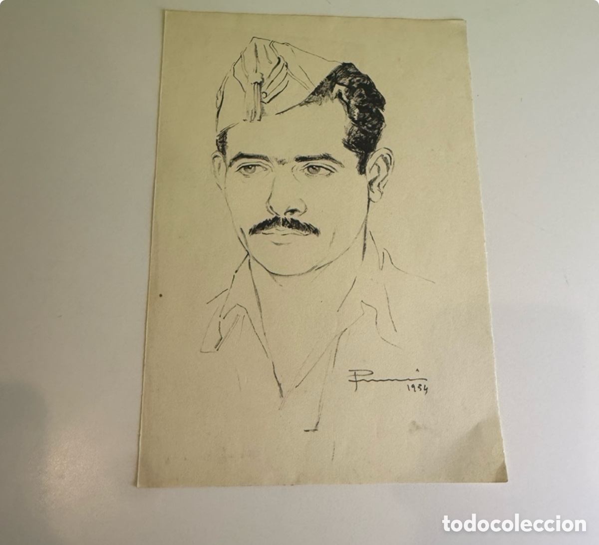 Arte: Carles Prun&eacute;s (Barcelona, 1937-2017) Dibujo original firmado 1954 Autorretrato con uniforme militar