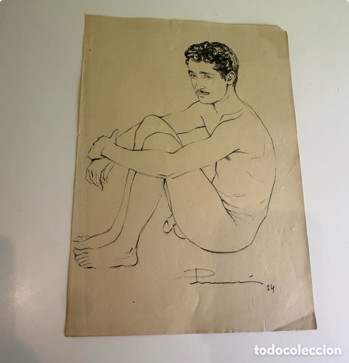 Arte: Carles Prun&eacute;s (Barcelona, 1937-2017) Dibujo original firmado 1954 Autorretrato desnudo