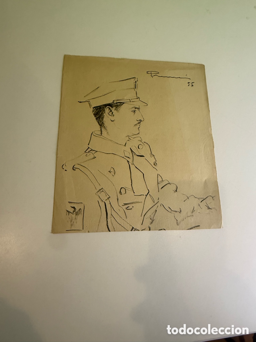 Arte: Carles Prun&eacute;s (Barcelona, 1937-2017) Dibujo original firmado 1955 Autorretrato con uniforme militar