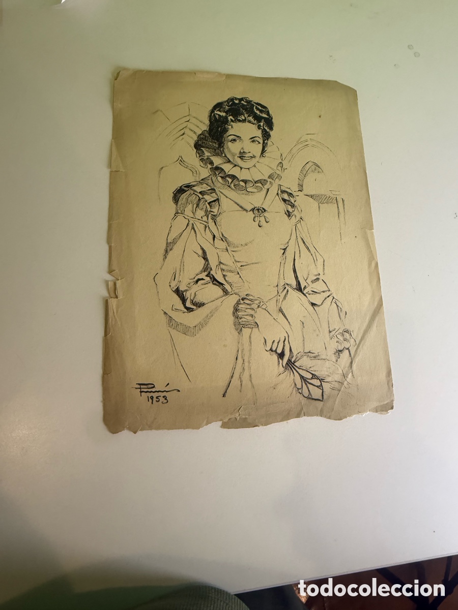 Arte: Carles Prun&eacute;s (Barcelona, 1937-2017) Dibujo original firmado 1953 Dama con vestido renacentista