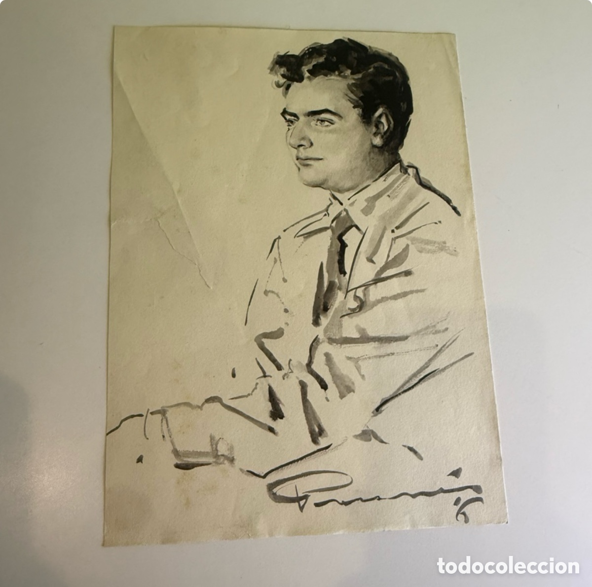 Arte: Carles Prun&eacute;s (Barcelona, 1937-2017) Dibujo original firmado Retrato masculino a&ntilde;os 50