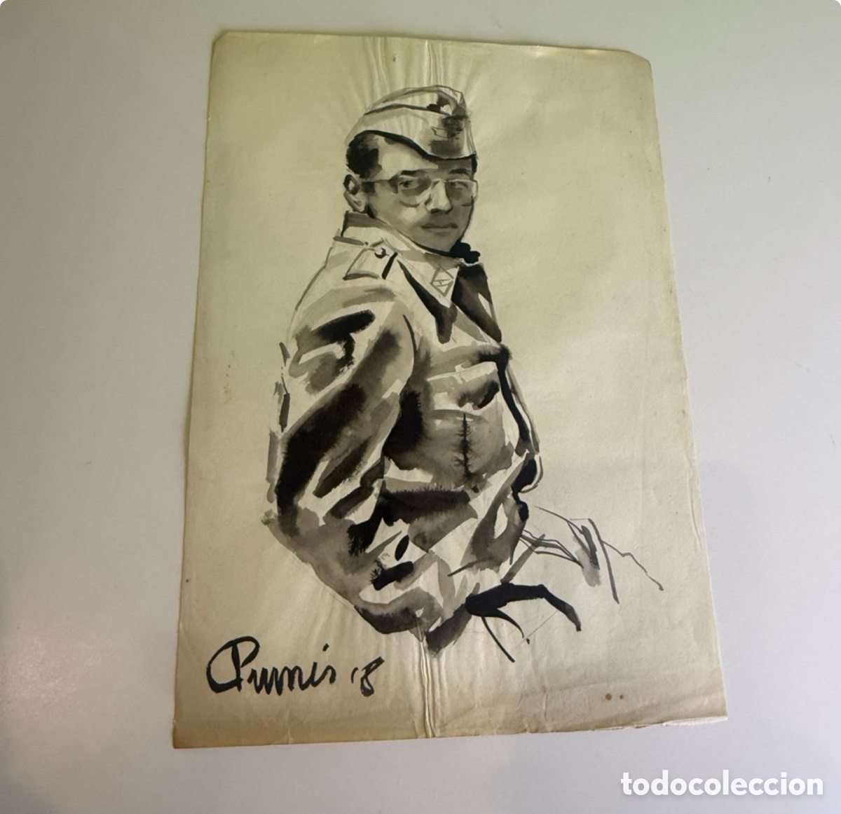 Arte: Carles Prun&eacute;s (Barcelona, 1937-2017) &ndash; Dibujo original firmado. Autorretrato militar, 1958
